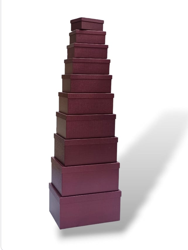 A set of ten gift boxes made of cardboard in classic red