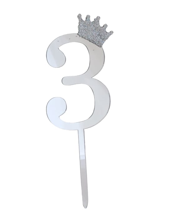 Acrylic cake topper bearing the number 3, silver