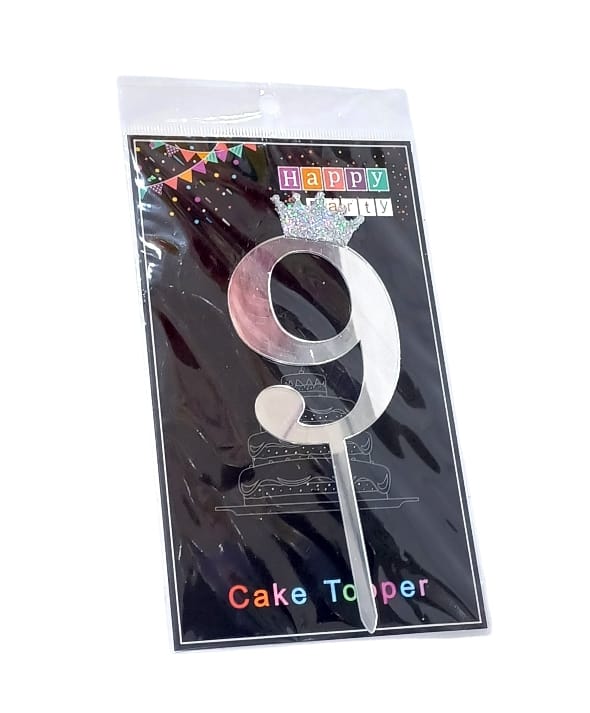 Acrylic cake topper bearing the number 9, silver