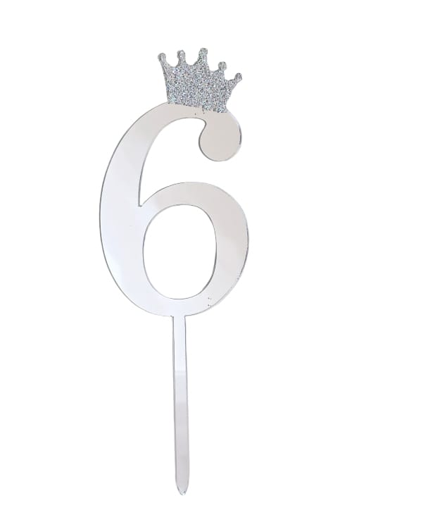 Acrylic cake topper bearing the number 6, silver