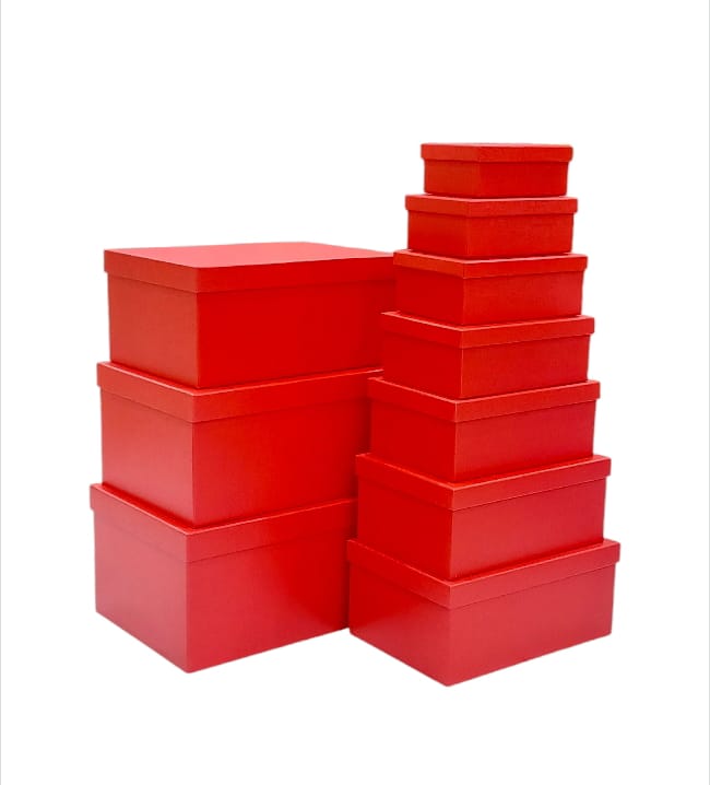 A set of ten gift boxes made of red cardboard