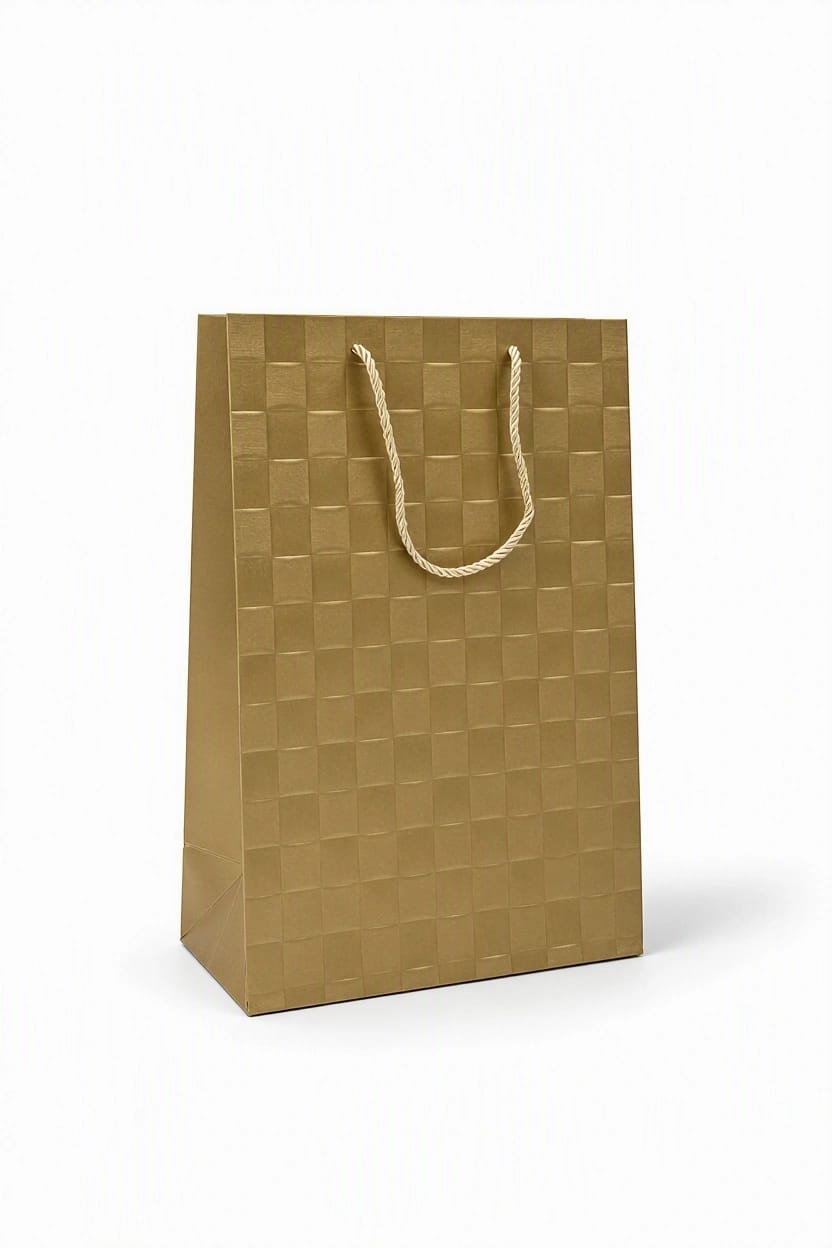 Gold-colored gift bags with vertical ribbed patterns (set of 12) – Size: 42 x 31 x 14 cm