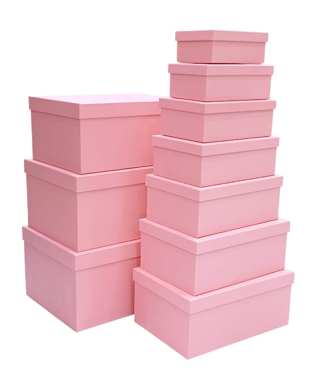 A set of ten gift boxes made of pink cardboard