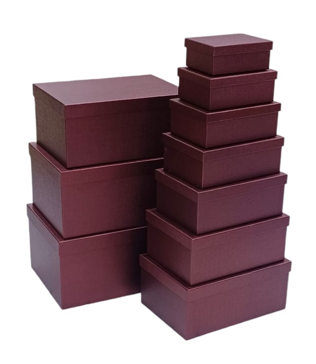 A set of ten gift boxes made of cardboard in classic red